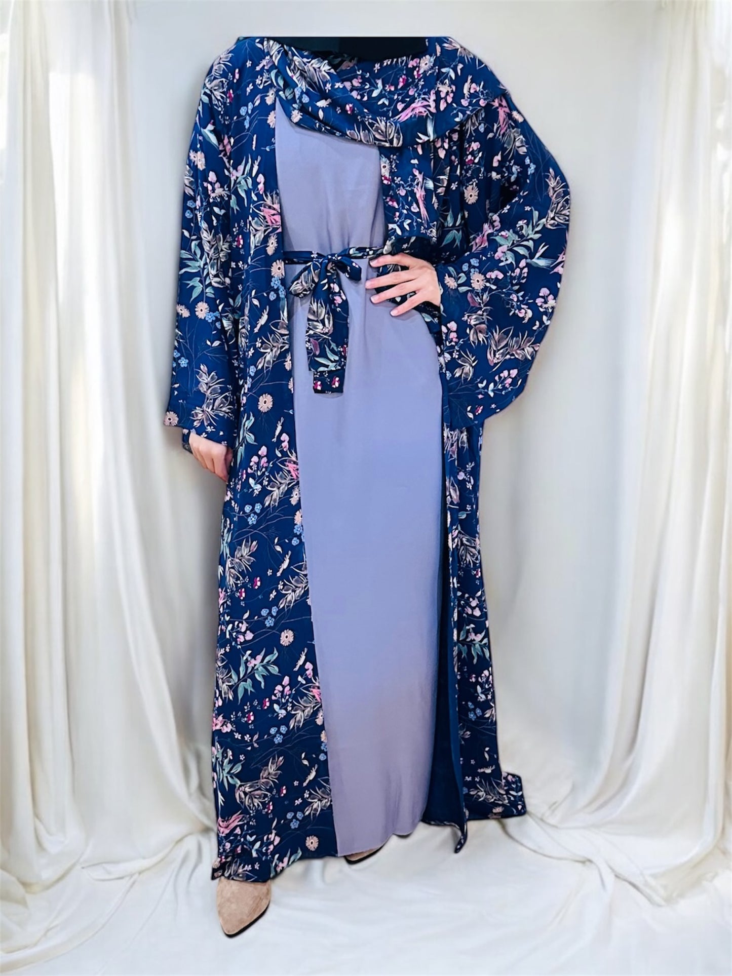 Printed Floral Abaya- Navy blue
