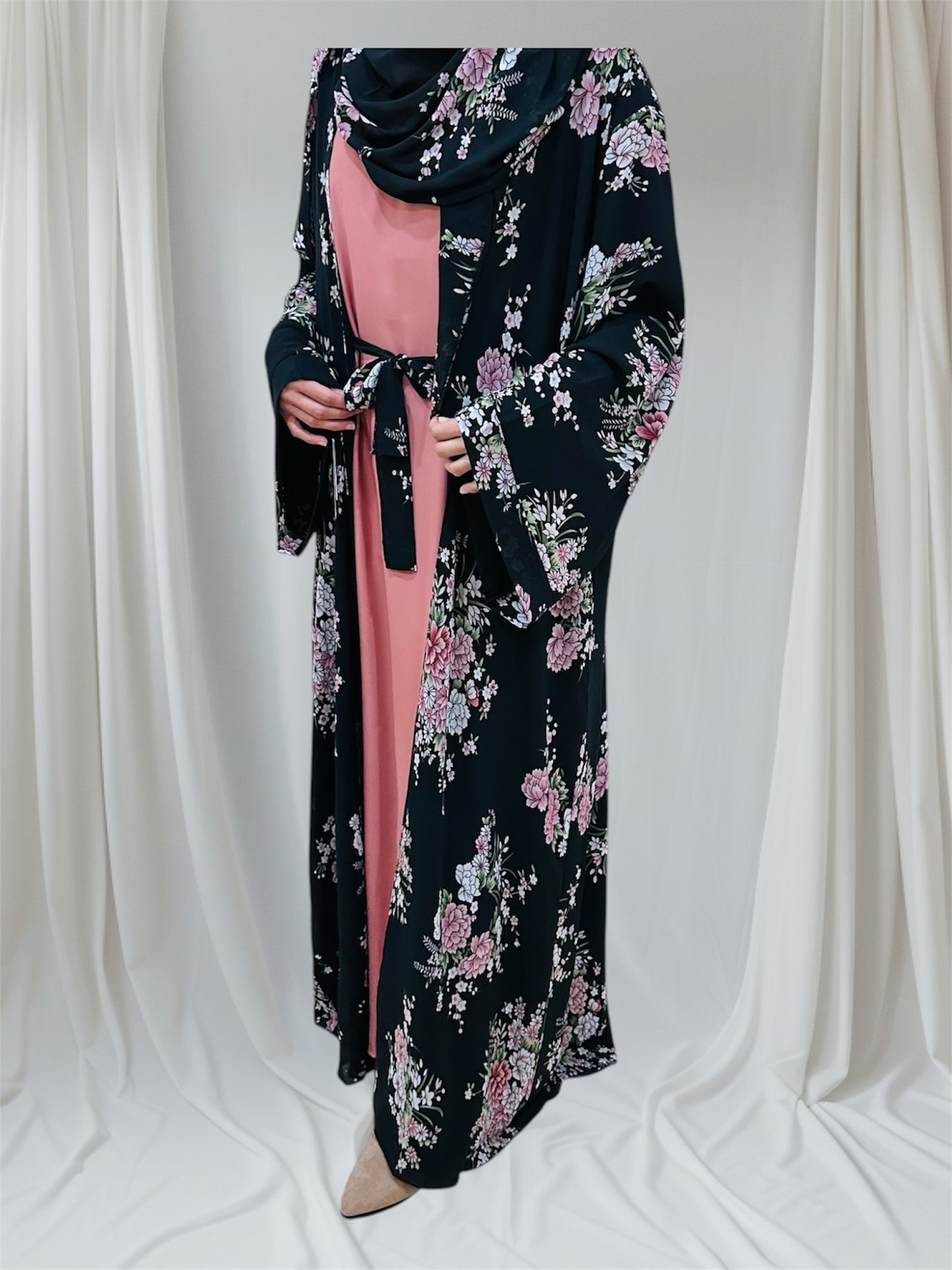 Printed Floral Abaya- Black