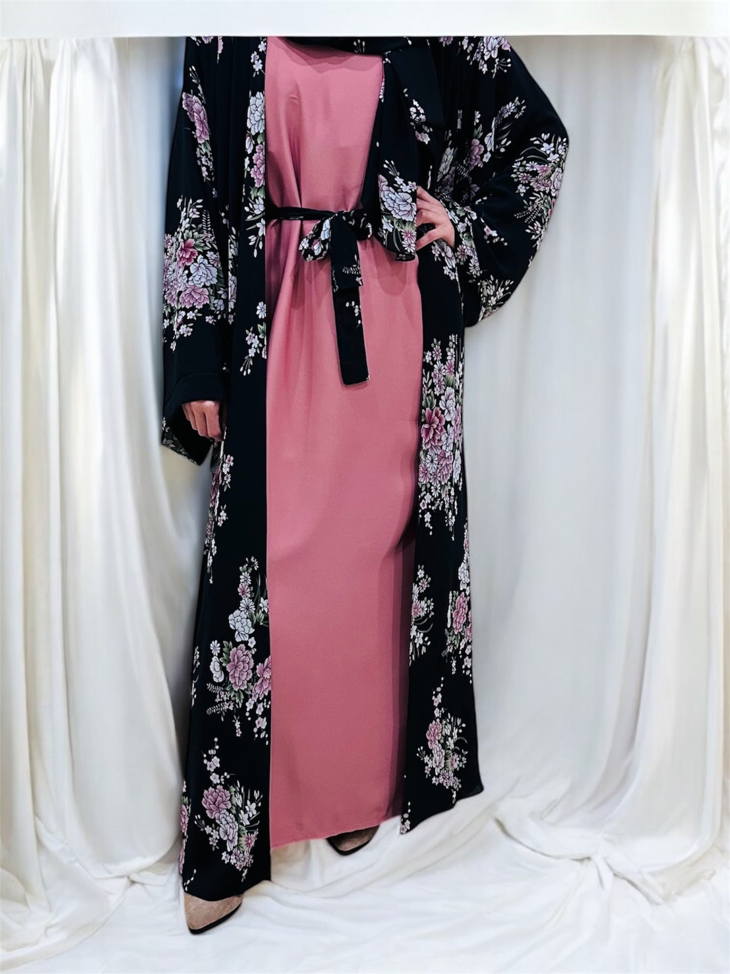 Printed Floral Abaya- Black