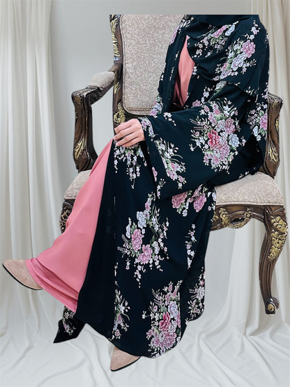 Printed Floral Abaya- Black