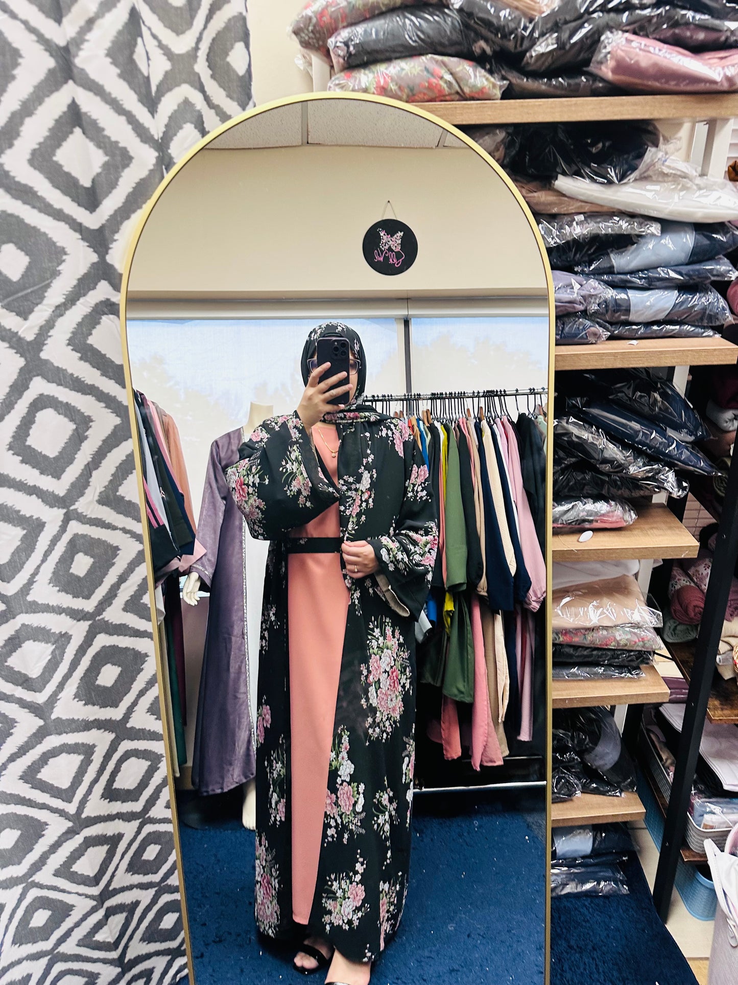 Printed Floral Abaya- Black