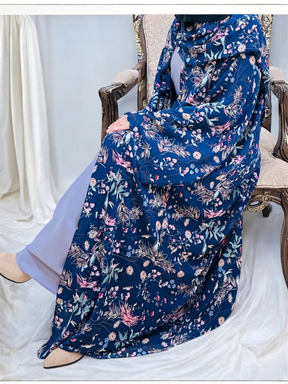Printed Floral Abaya- Navy blue