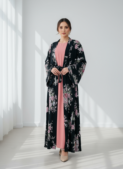 Printed Floral Abaya- Black