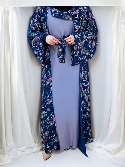 Printed Floral Abaya- Navy blue