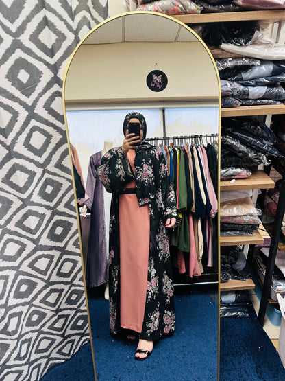Printed Floral Abaya- Black