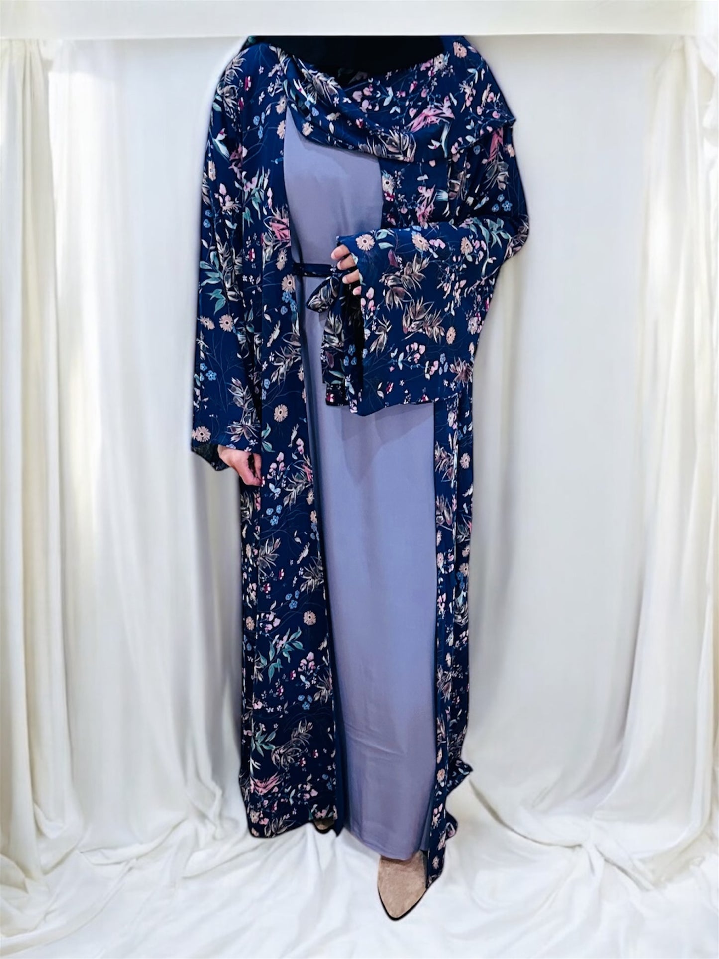 Printed Floral Abaya- Navy blue