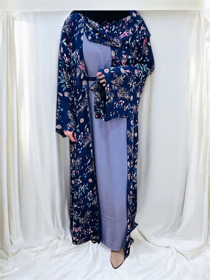 Printed Floral Abaya- Navy blue
