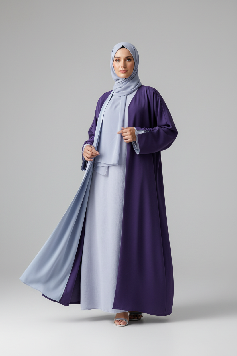 Reversible Abaya in Plum Purple & Dove grey