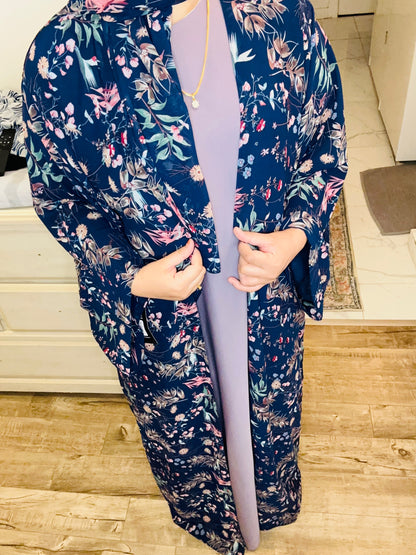Printed Floral Abaya- Navy blue