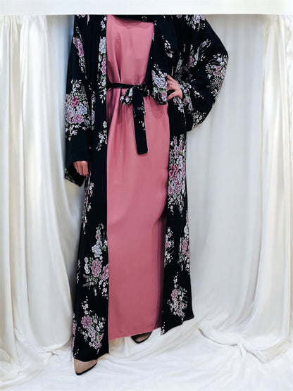Printed Floral Abaya- Black