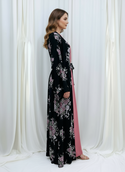 Printed Floral Abaya- Black