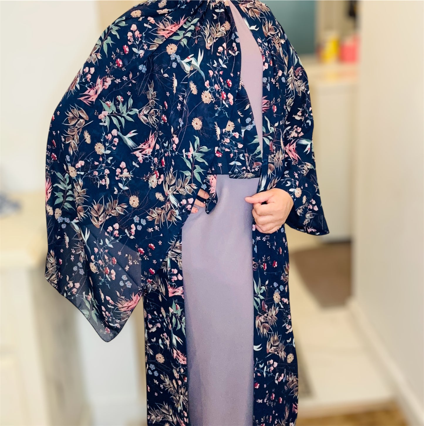 Printed Floral Abaya- Navy blue
