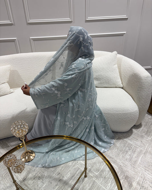 Powder Blue Paisley- Embroidered Abaya