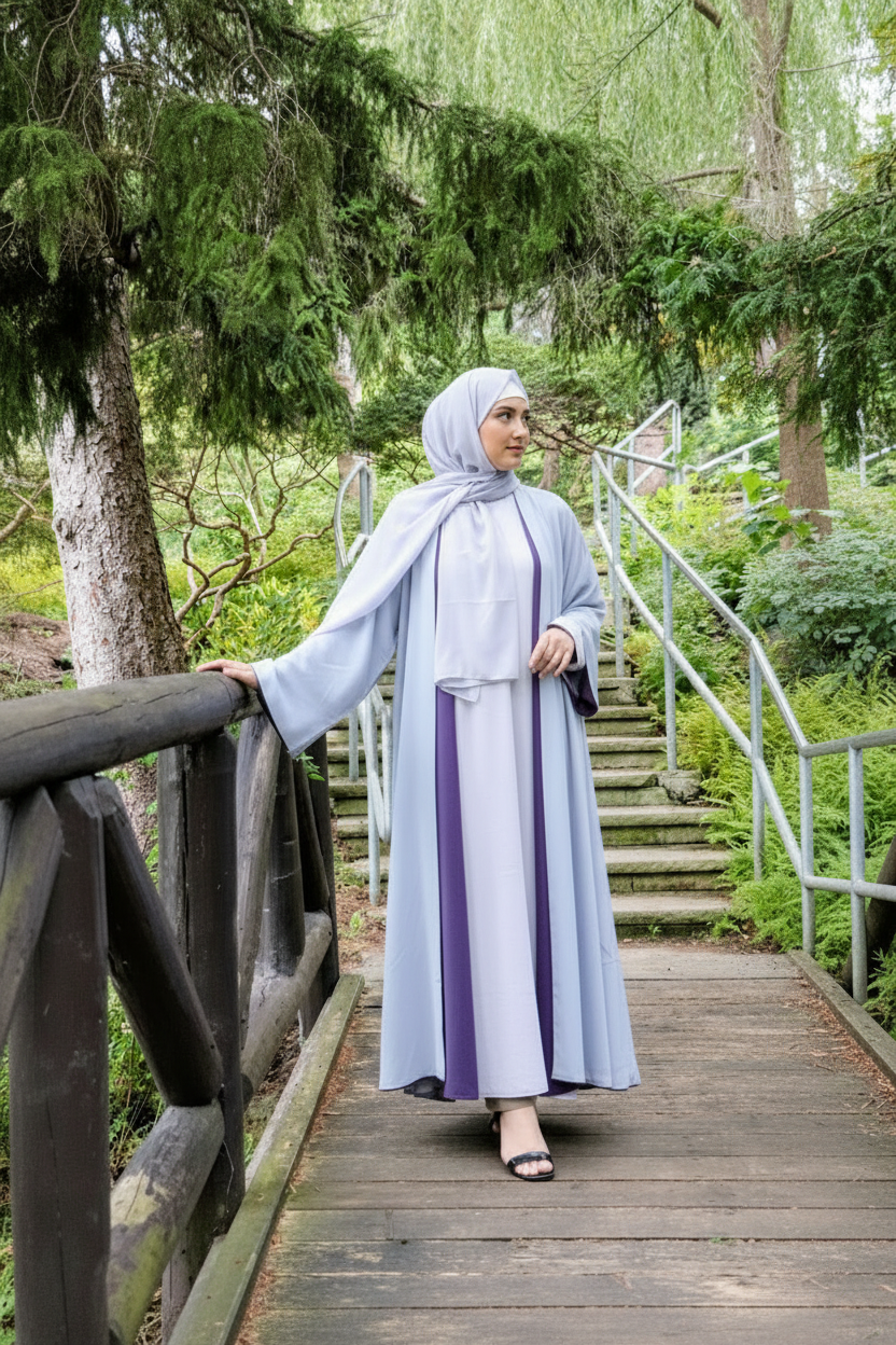 Reversible Abaya in Plum Purple & Dove grey